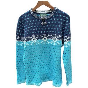 Vtg Woolrich Fair Isle Wool Sweater XL Petite Blue Nordic Snowflake Pullover